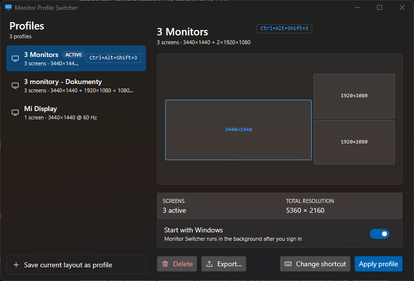 The main window: a list of profiles on the left, the selected profile's monitor arrangement drawn to scale on the right