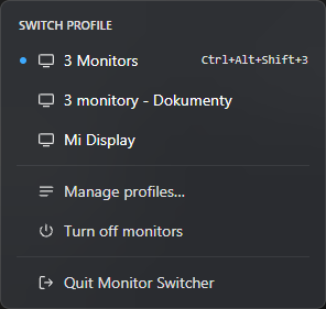 The tray popup listing profiles with their shortcuts